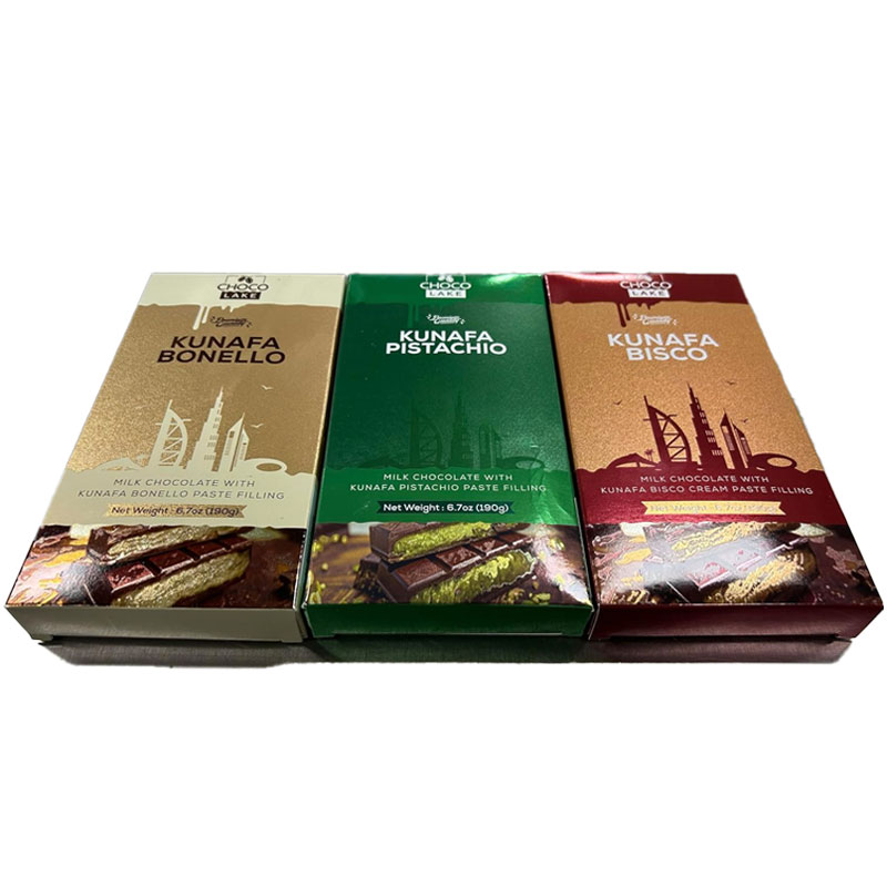 Chocolake Dubai Premium Chocolate 6.7 oz (190g) – Pack of 3 Flavors: Kunafa Pistachio, Bisco Cream & Bonello