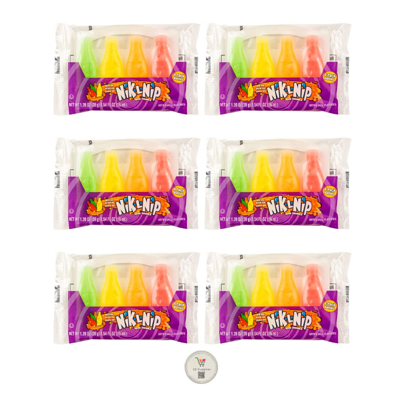 Nik L Nip Nik-L-Nip Wax Bottles Mini Drinks Candy (6) packs of 4 bottles each 1.39 Oz-Total of 24 Bottles